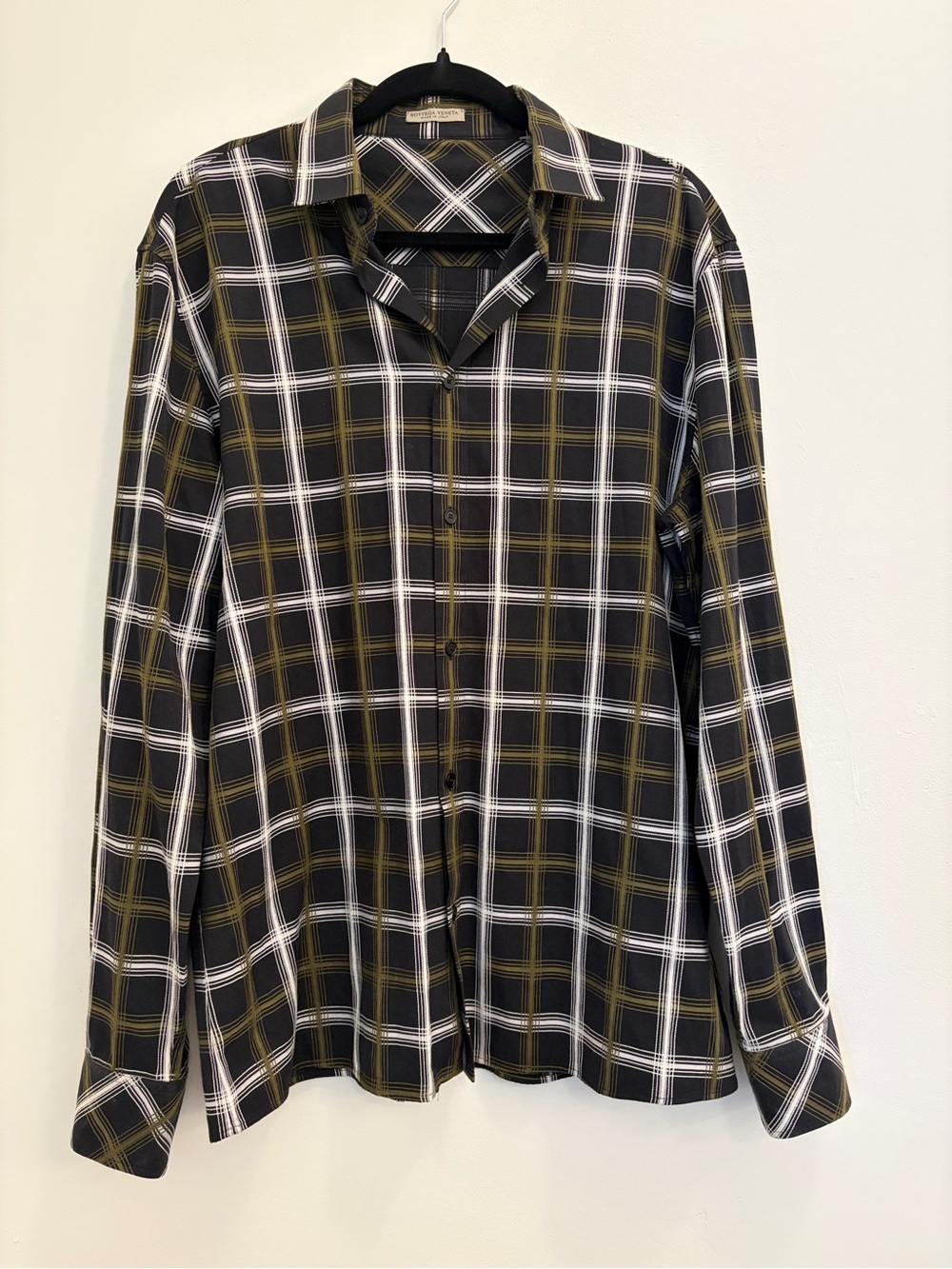 Bottega Veneta Cotton Window Pane Check Long Sleeve Olive/Black Shirt Size L